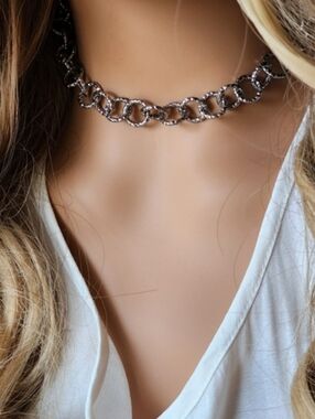 ZARA Chain Trendy Large Link chain Vintage Silver NECKLACE  Textured Cain